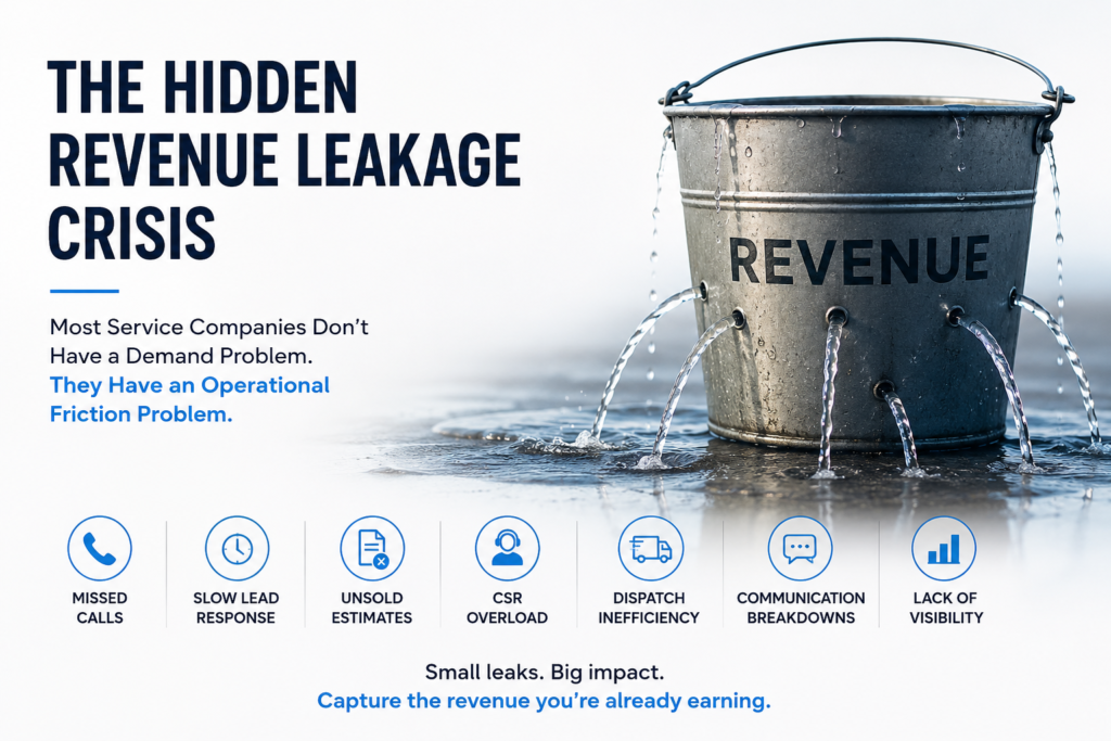 Applied Signals diagram titled The Hidden Revenue Leakage Crisis, showing a leaking bucket labeled revenue to illustrate operational friction and missed calls in service companies.